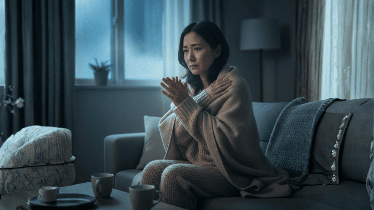 冷えや肩こりに悩み、毛布にくるまる女性のイメージ