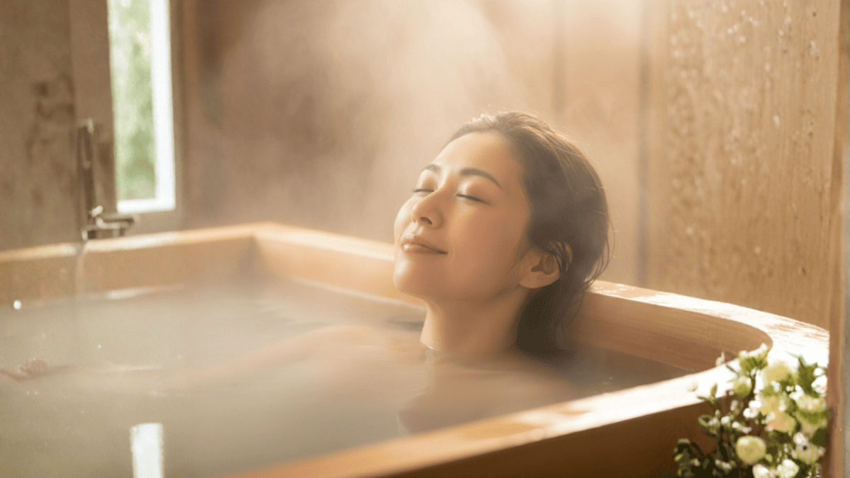 白濁したお湯とヒノキの香りに包まれて笑顔で入浴する女性