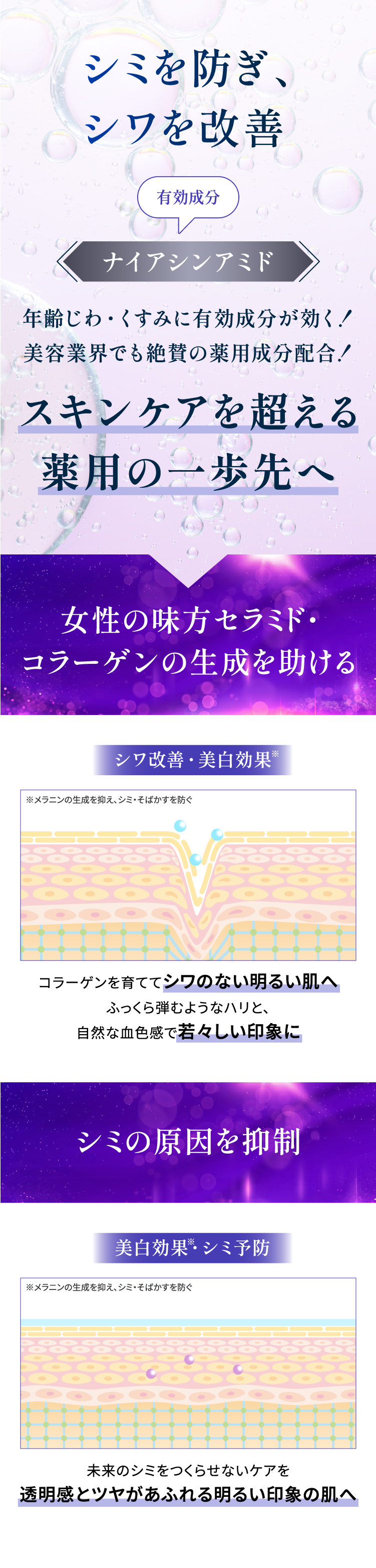 シミを防ぎ、シワを改善。有効成分ナイアシンアミド配合。スキンケアを超える薬用の一歩先へ