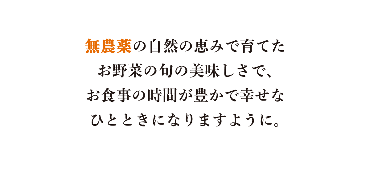 無農薬の自然の恵みで育てたお野菜の旬の美味しさで、お食事の時間が豊かで幸せなひとときになりますように。