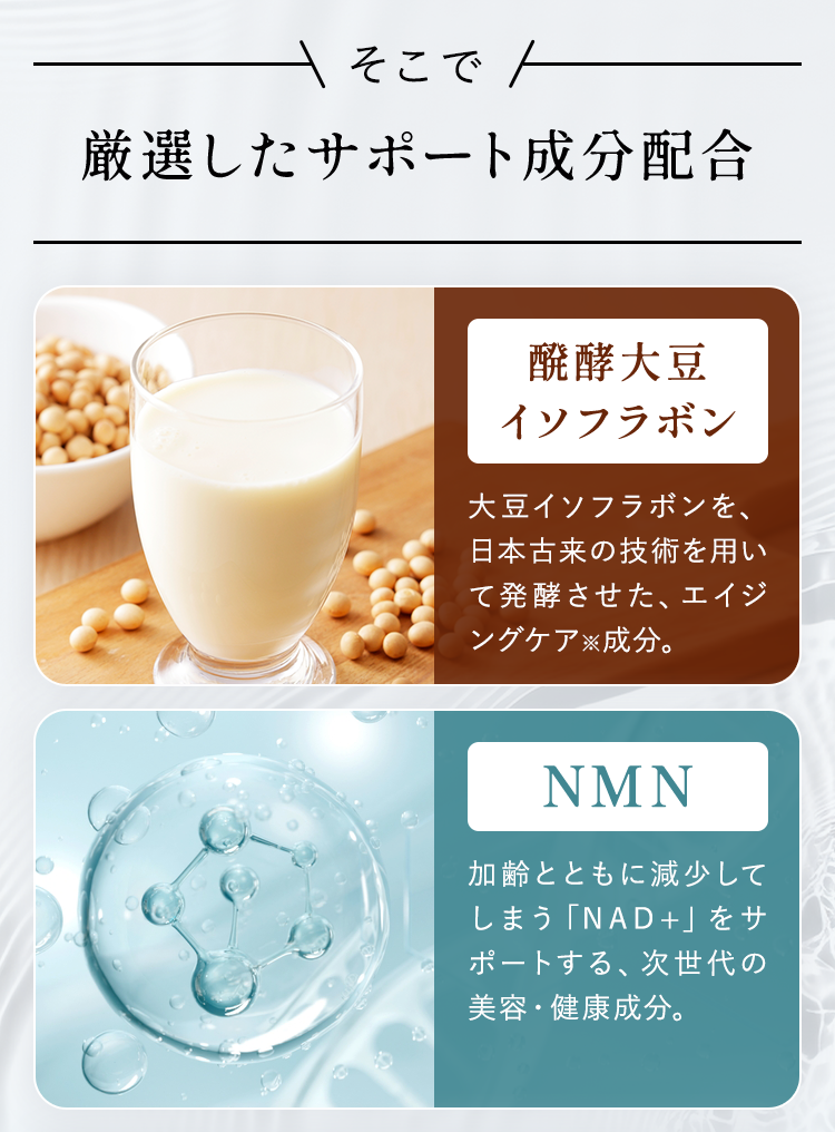 厳選したサポート成分配合　醗酵大豆イソフラボン NMN
