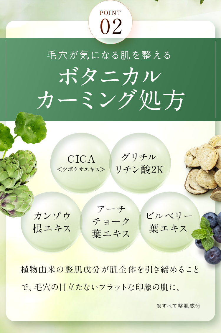 POINT02 毛穴が気になる肌を整える　ボタニカルカーミング処方