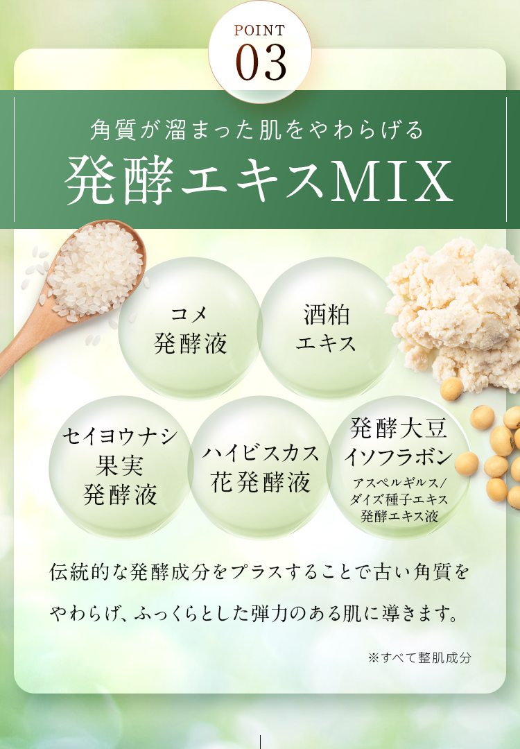POINT03 角質が溜まった肌をやわらげる　発酵エキスMIX