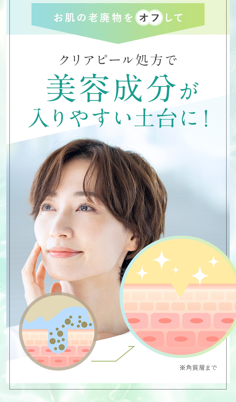お肌の老廃物をオフしてクリアピール処方で美容成分が入りやすい土台に！