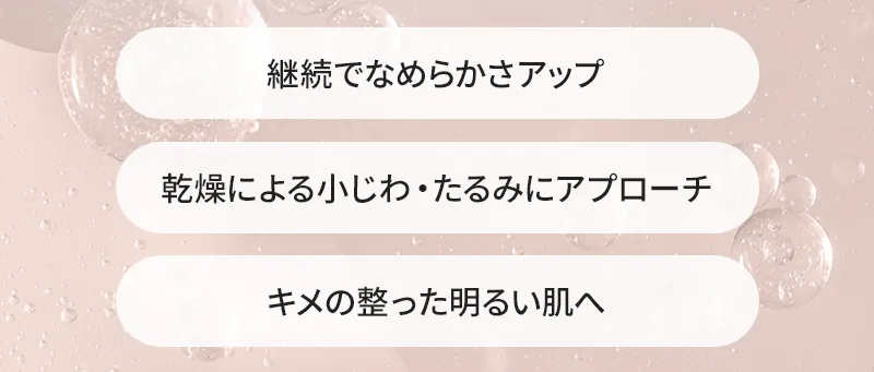 「継続でなめらかさアップ」「乾燥による小じわ・たるみにアプローチ」「キメの整った明るい肌へ」