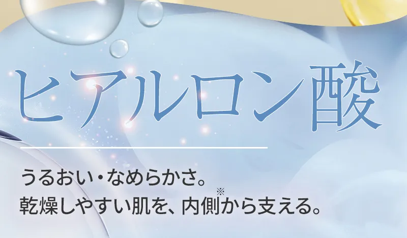 ヒアルロン酸：うるおい・なめらかさ。乾燥しやすい肌を、内側から支える。