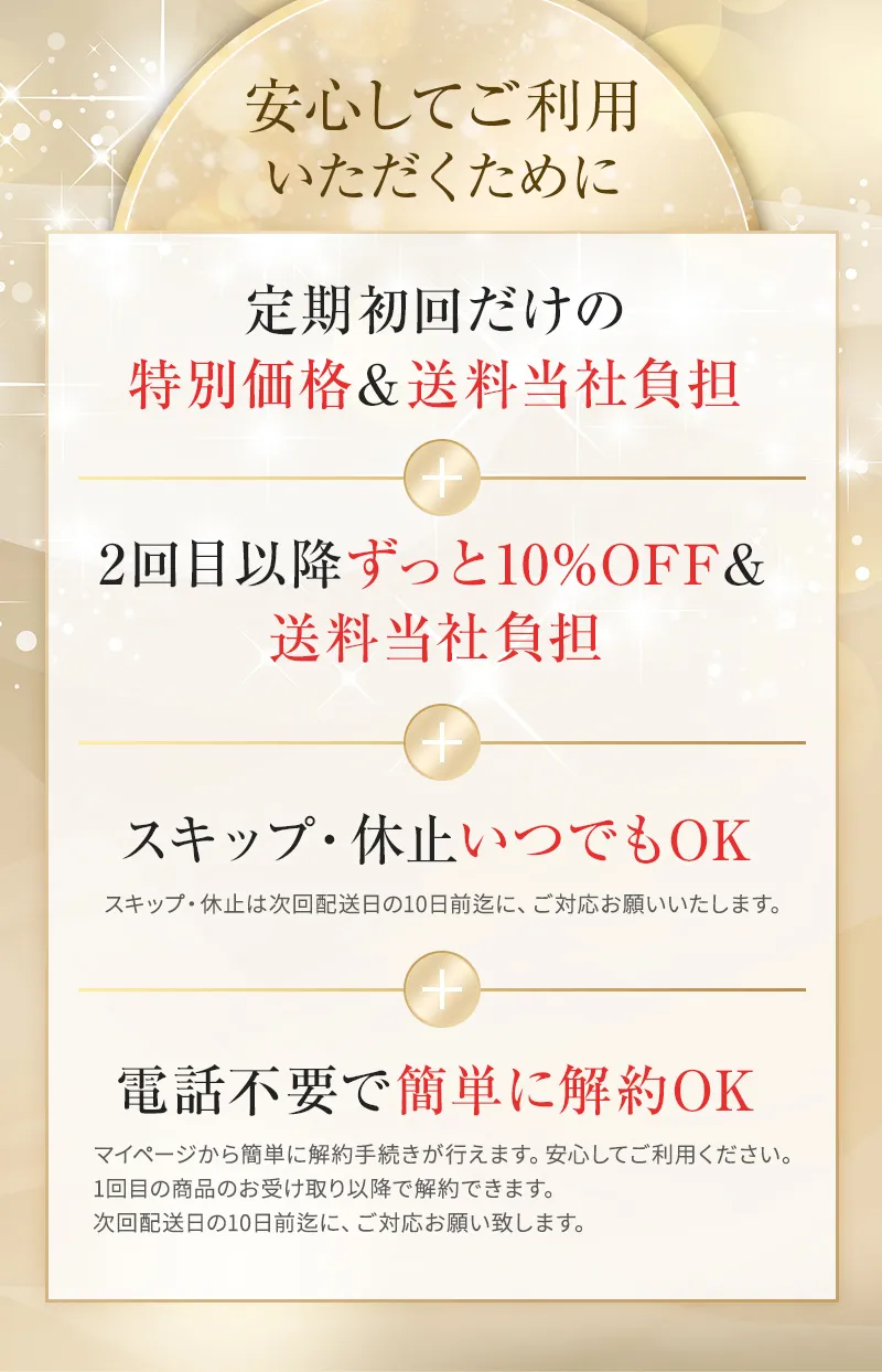 安心してご利用いただくために、「定期初回だけの特別価格&送料当社負担」「2回目以降ずっと10%OFF&送料当社負担」「スキップ・休止いつでもOK」「電話不要で簡単に解約OK」