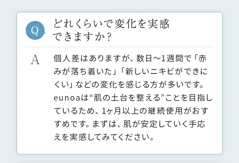 [Q. どれくらいで変化を実感できますか？] A. 個人差はありますが、数日〜1週間で「赤みが落ち着いた」「新しいニキビができにくい」などの変化を感じる方が多いです。eunoaは“肌の土台を整える”ことを目指しているため、1ヶ月以上の継続使用がおすすめです。まずは、肌が安定していく手応えを実感してみてください。
