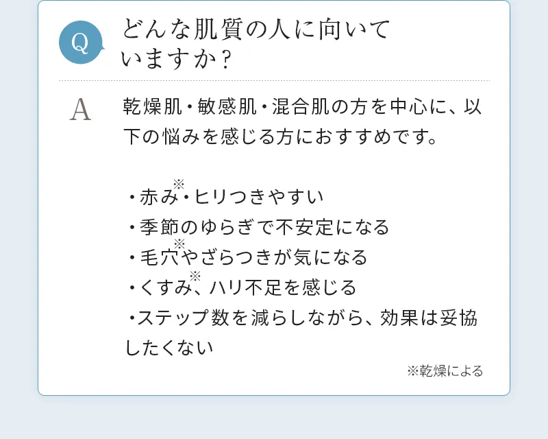 [Q. どんな肌質の人に向いていますか？] A. 乾燥肌・敏感肌・混合肌の方を中心に、以下の悩みを感じる方におすすめです。「赤み・ヒリつきやすい」「季節のゆらぎで不安定になる」「毛穴やざらつきが気になる」「くすみ、ハリ不足を感じる」「ステップ数を減らしながら、効果は妥協したくない」