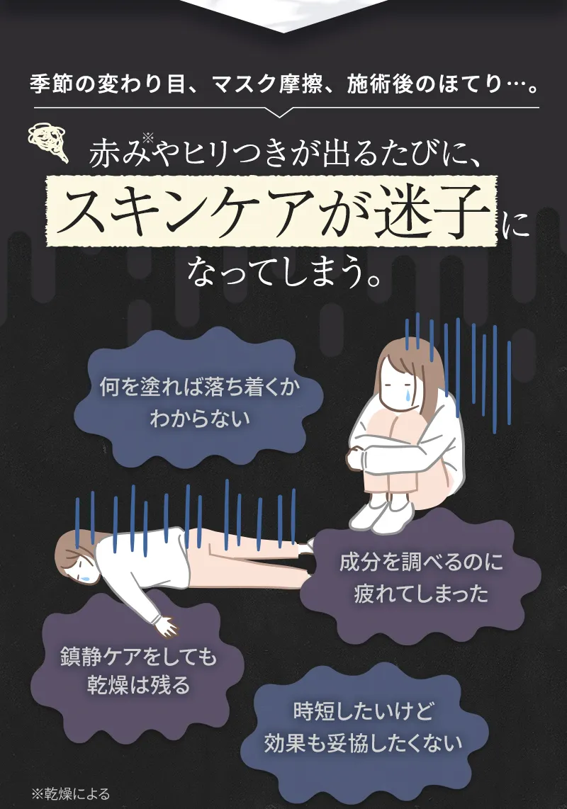 季節の変わり目、マスク摩擦、施術後のほてり…。赤みやヒリつきが出るたびに、スキンケアが迷子になってしまう。「何を塗れば落ち着くかわからない」「成分を調べるのに疲れてしまった」「鎮静ケアをしても乾燥は残る」「時短したいけど効果も妥協したくない」