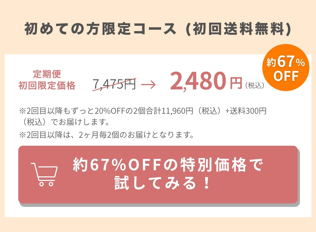 初めての方限定コース（初回送料無料）／定期便初回限定価格2,480円（税込）／約67%OFFの特別価格で試してみる！