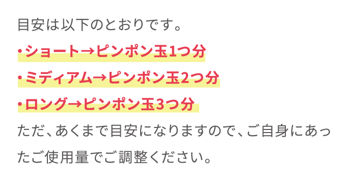 目安は以下のとおりです・ショート→ピンポン玉1つ分・ミディアム→ピンポン玉2つ分・ロング→ピンポン玉3つ分ただ、あくまで目安になりますので、ご自身にあったご使用量でご調整ください。
							