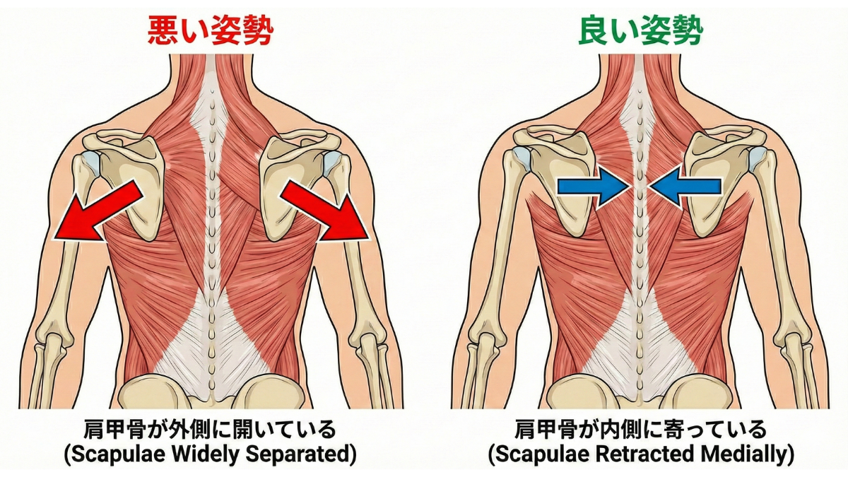 肩甲骨が開いている状態 vs 寄っている状態