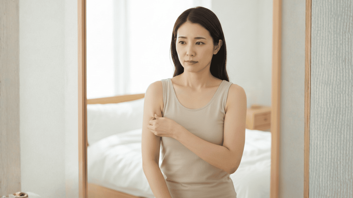 鏡の前で二の腕を気にする30代女性