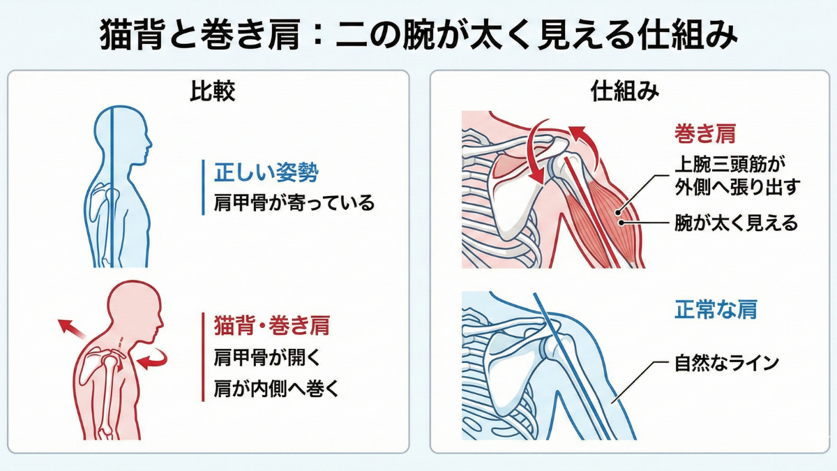 猫背・巻き肩になると二の腕が太く見える図解