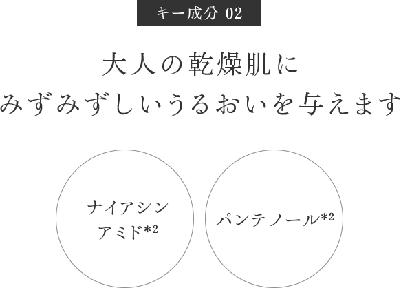 キー成分：大人の乾燥肌にみずみずしいうるおいを与えます