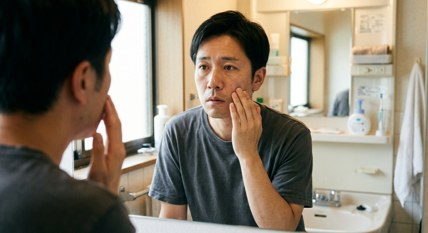 洗顔後、鏡を見るまたは顔に手を当てる30〜40代男性。矛盾肌の悩みに共感するイメージ