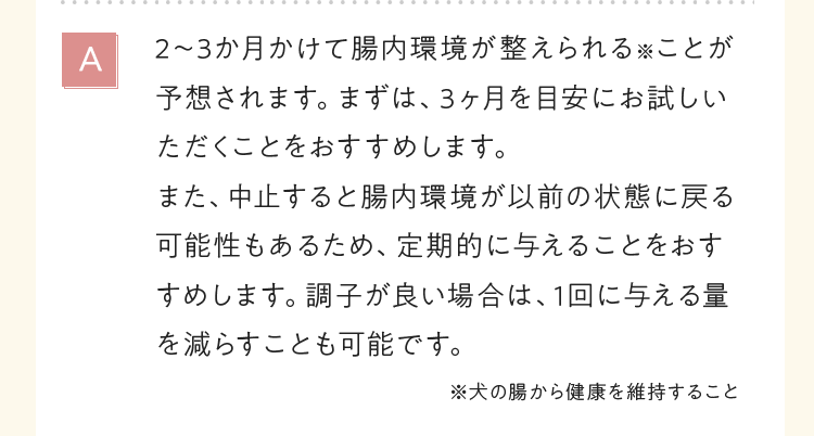 2～3か月かけて腸内環境が整えられる※ことが予想されます。まずは、3ヶ月を目安にお試しいただくことをおすすめします。