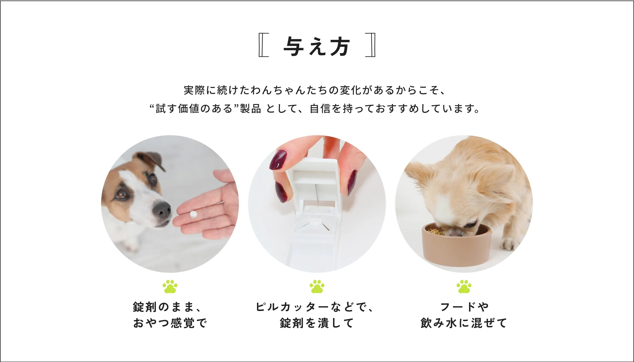 [与え方] 実際に続けたわんちゃんたちの変化があるからこそ、“試す価値のある”製品 として、自信を持っておすすめしています。錠剤のまま、おやつ感覚で・ピルカッターなどで、錠剤を潰して・フードや飲み水に混ぜて