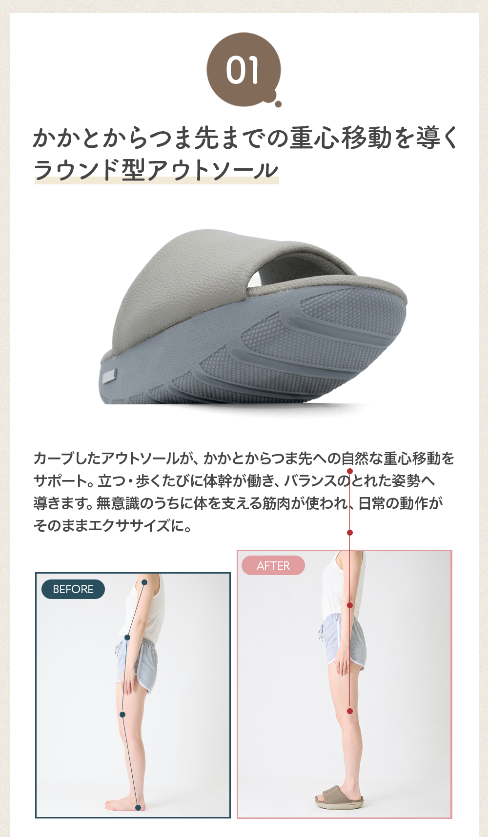 かかとからつま先までの重心移動を導くラウンド型アウトソール