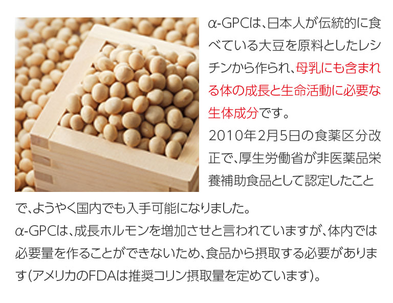 α-GPCは、日本人がでんt脳的に食べている大豆を原料としたレシチンから作られ、母乳にも含まれる体の成長と生命活動に必要な生体成分です。