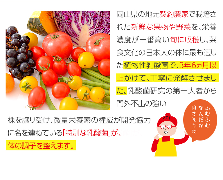 岡山県の地元契約農家で栽培された安心安全な果物や野菜を、栄養濃度が一番高い旬に収穫し、菜食文化の日本人の体に最もと適した植物性乳酸菌で、3年3ヶ月以上かけて、丁寧に発行させました。
