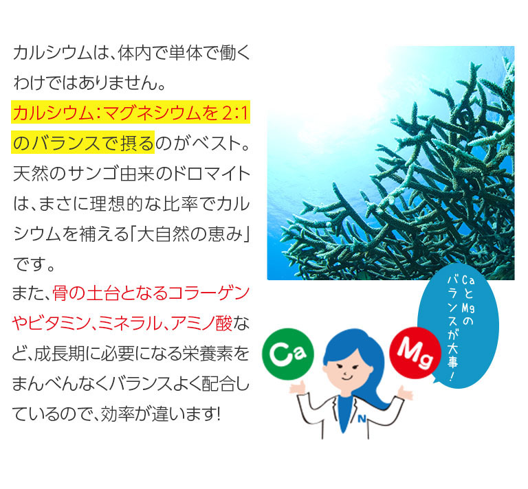 カルシウムは、体内で単体で働くわけではありません。骨を作るには、カルシウム：マグネシウムを2：1のバランスで撮るのがベスト。