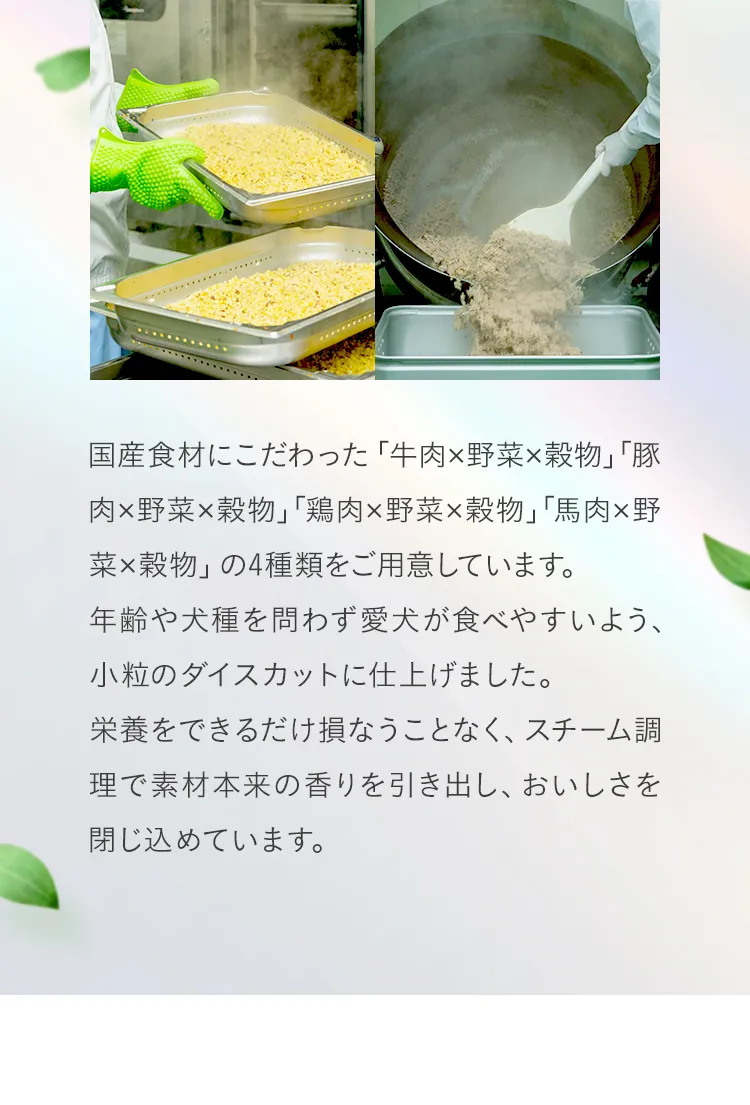 栄養をできるだけ損なうことなく、スチーム調理で素材本来の香りを引き出し、おいしさを閉じ込めています。