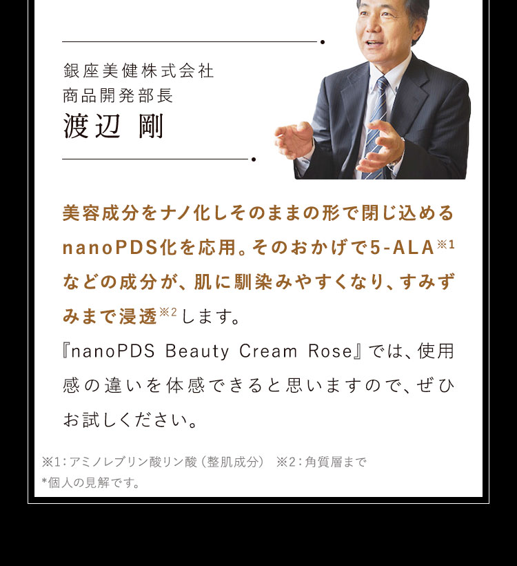 美容成分をナノ化しそのままの形で閉じ込めるnanoPDS化を応用。そのおかげで5-ALA※1などの成分が、肌に馴染みやすくなり、すみずみまで浸透※2します。