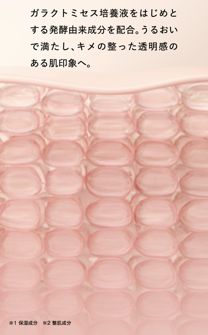ガラクトミセス培養液をはじめとする発酵由来成分を配合。うるおいで満たし、キメの整った透明感のある肌印象へ。