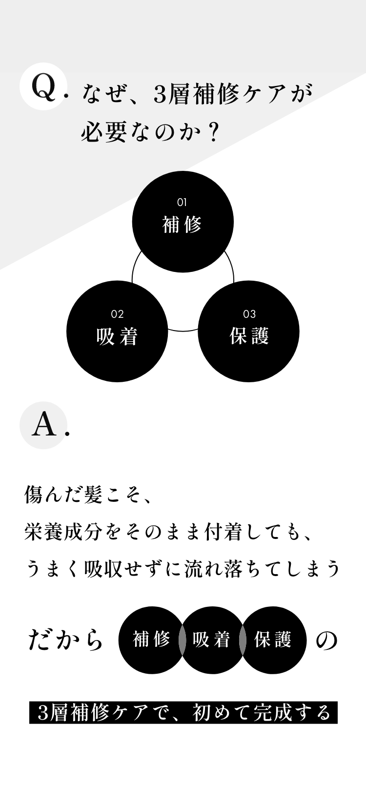 Q. なぜ、3層補修ケアが必要なのか? 01 補修 02 吸着 03 保護 A. 傷んだ髪こそ、栄養成分をそのまま付着しても、うまく吸収せずに流れ落ちてしまう だから補修 吸着 保護の3層補修ケアで、初めて完成する