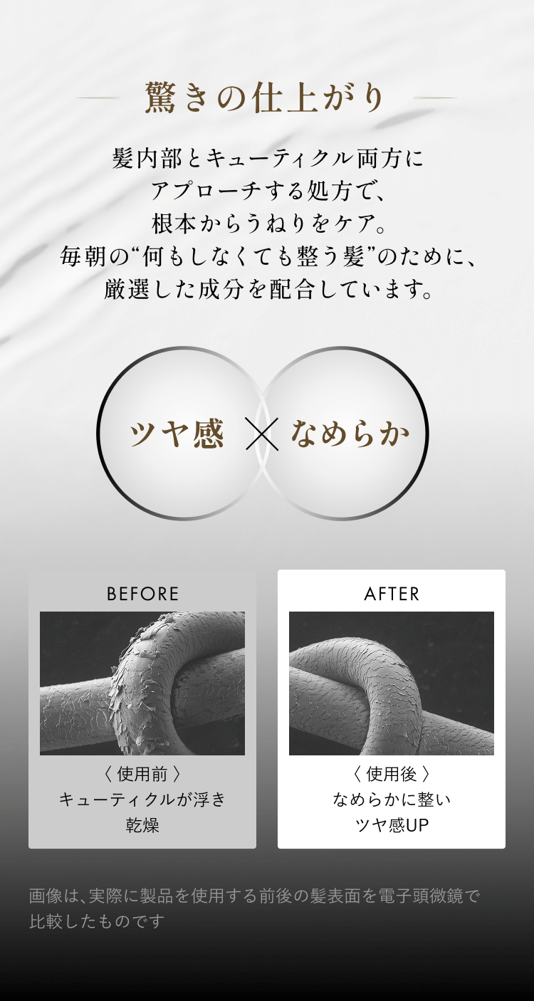 驚きの仕上がり髪内部とキューティクル両方にアプローチする処方で、根本からうねりをケア。毎朝の何もしてなくても整う髪のために、厳選した成分を配合しています。ツヤ感×なめらかBEFORE<使用前>キューティクルが浮き乾燥AFTER<使用後>なめらかに整いツヤ感UP画像は、実際に製品を使用する前後の髪表面を電子頭微鏡で比較したもの