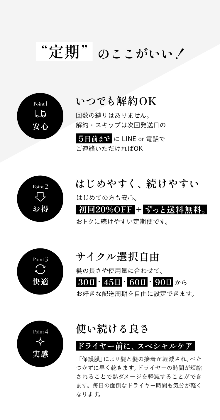 定期のここがいい！Point1安心いつでも解約OK回数の縛りはありません。解約・スキップは次回発送日の5日前までにLINEor電話でご連絡いただければOKPoint2お得はじめやすく、続けやすい初めての方も安心。初回20%OFF+ずっと送料無料。おトクに続けやすい定期便です。Point3快適サイクル選択自由髪の長さや使用量に合わせて、30日・45日・60日・90日からお好きな配送周期を自由に設定できます。Point4実感使い続ける良さドライヤー前と、スペシャルケア「保護膜」により髪と髪の接着が軽減され、べたつかずに早く乾きます。ドライヤーの時間が短縮されることで熱ダメージを軽減することができます。毎日の面倒なドライヤー時間も気分が軽くなります。