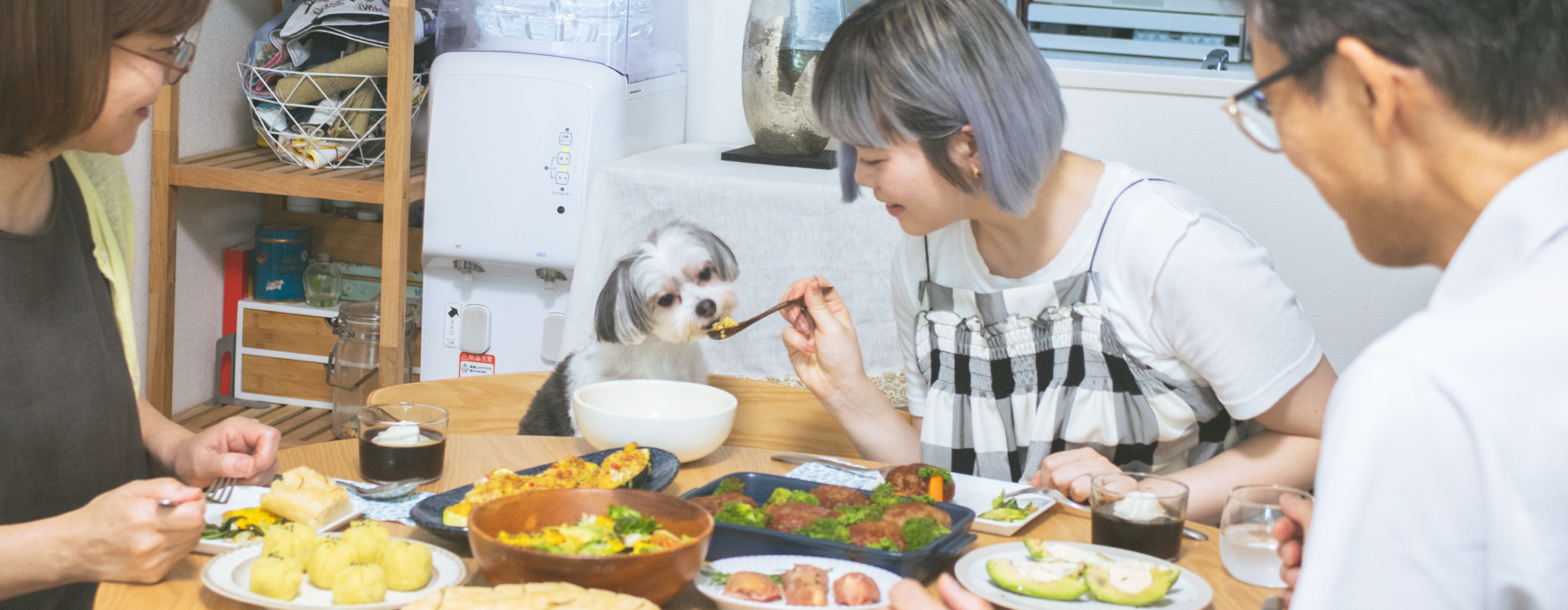 peton（ペトン）を食べているワンちゃんとその様子を見守るご家族