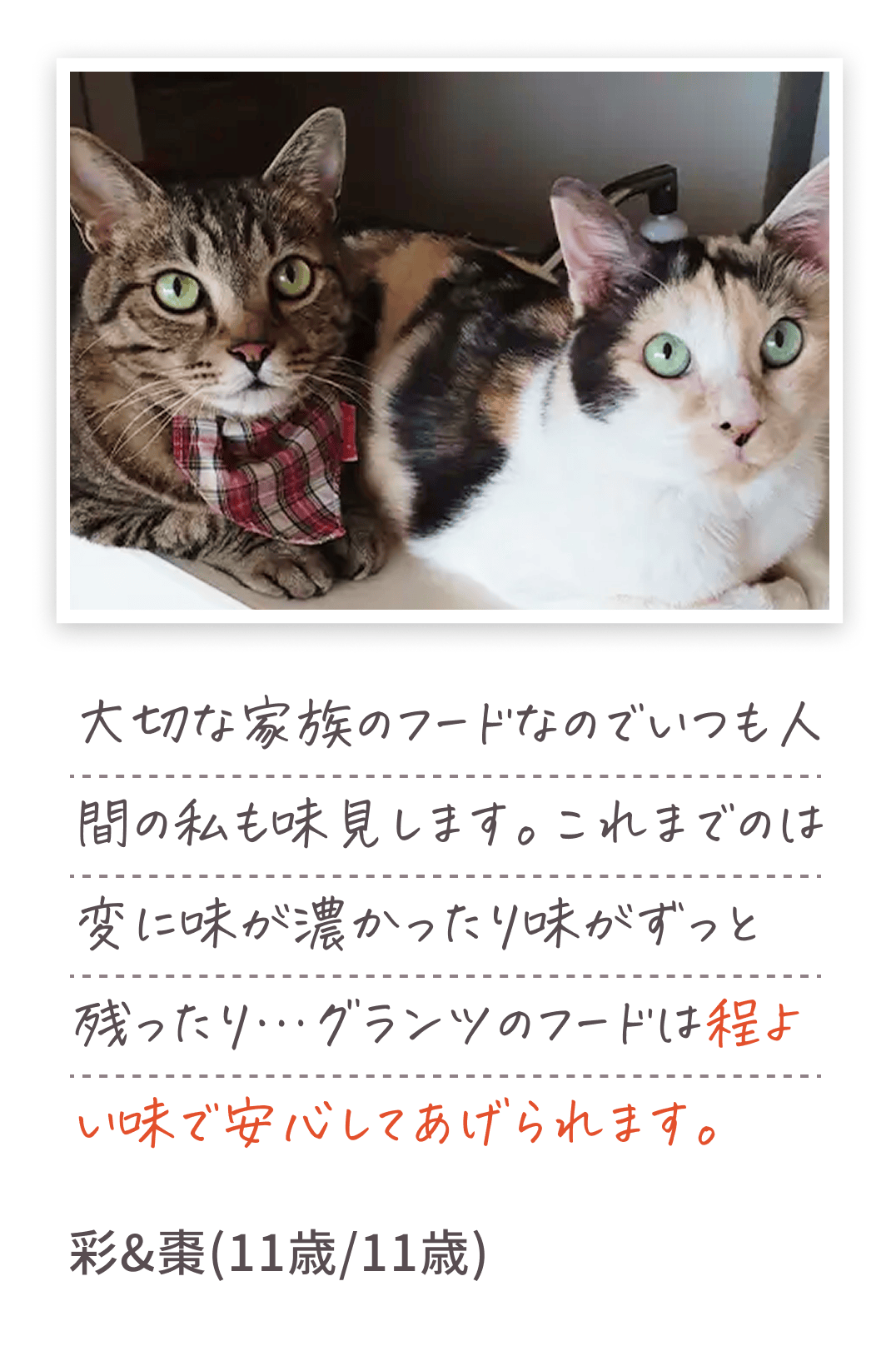 大切な家族のフードなのでいつも人間の私も味見します。これまでのは変に味が濃かったり味がずっと残ったり…グランツのフードは程よい味で安心してあげられます。