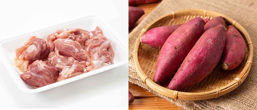 季節によって色や風味が異なる自然の恵みである、生の鶏肉やさつまいも