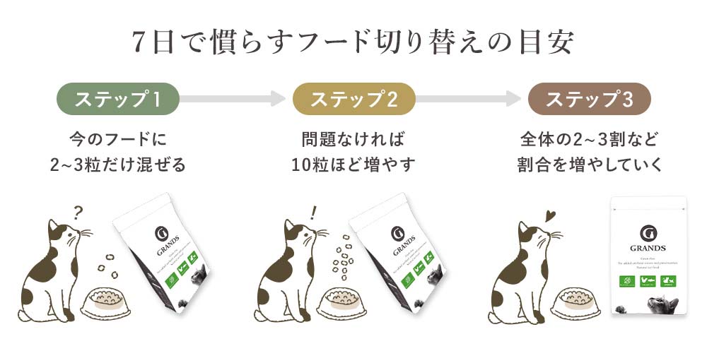 GRANDS（グランツ）のキャットフードを使った、7日間かけて無理なく新しいフードへ切り替える3ステップの目安表。ステップ1は今のフードに2〜3粒だけ混ぜる、ステップ2は問題なければ10粒ほどに増やす、ステップ3は全体の2〜3割など割合を増やしていく、と書いてある。