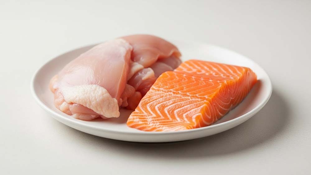 GRANDS（グランツ）キャットフードの主なタンパク源となる新鮮な鶏肉とサーモンの切り身が白いお皿に載っている
