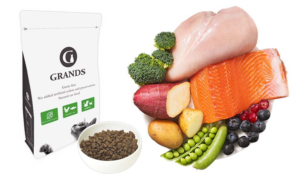 グランツのパッケージと器に山盛り入っているキブルが写っている写真と、肉や魚、野菜、果物などキャットフードの原材料が1枚のお皿に盛られている写真