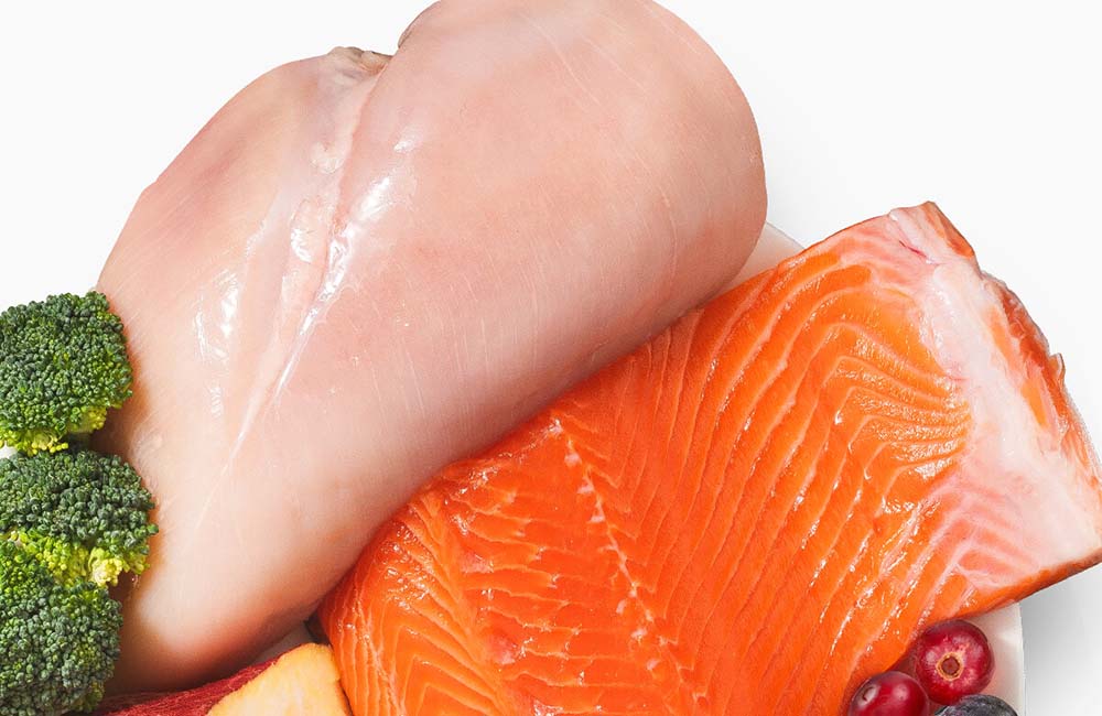 グランツのキャットフード製造時に使用されているお肉とお魚と写真。ピンクでプリプリしている鶏肉と、綺麗なオレンジ色のサーモン。