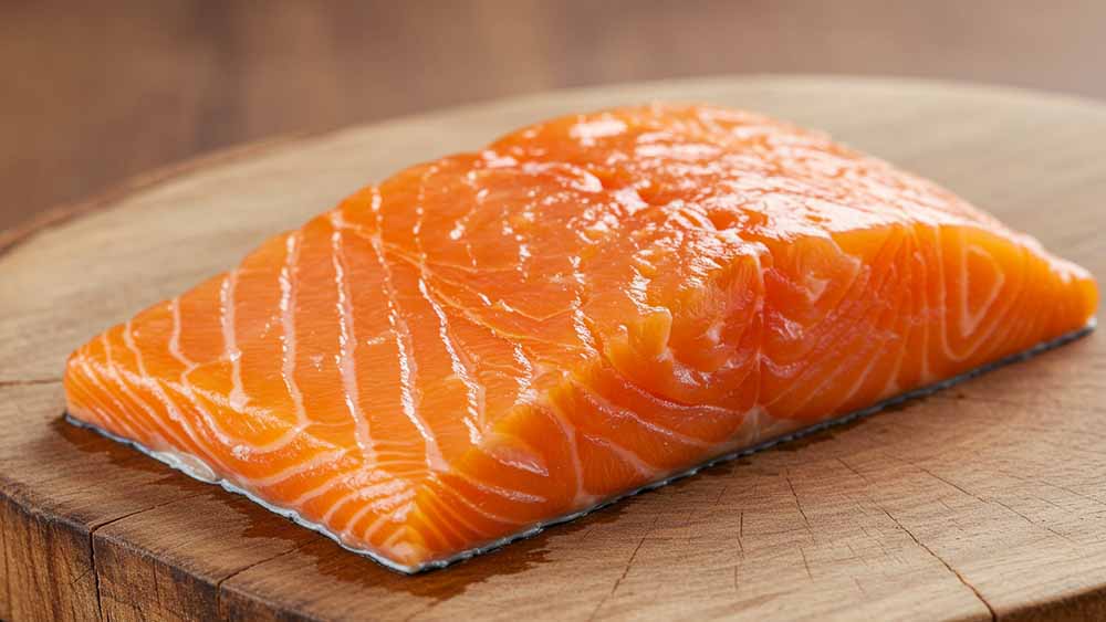 木製の土台に載った、鮮やかなオレンジ色の新鮮なサーモンの切り身。良質な脂質の供給源。グランツのドッグフードで使用されている魚のイメージ