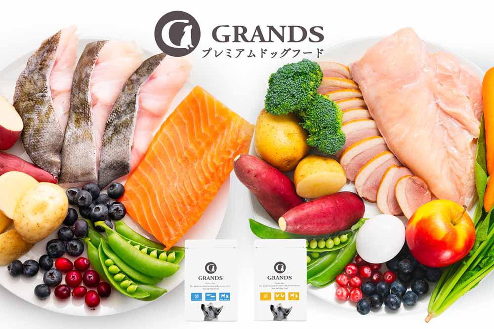 GRANDS（グランツ）プレミアムドッグフードのパッケージと、サーモン、鶏肉、ブロッコリー、ベリー類などの豊富な原材料が並ぶ俯瞰写真