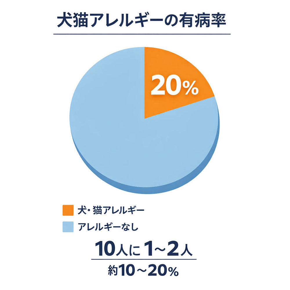 犬猫アレルギーの有病率を示す円グラフ。人口の約10〜20％、10人に1〜2人が該当することを示している。