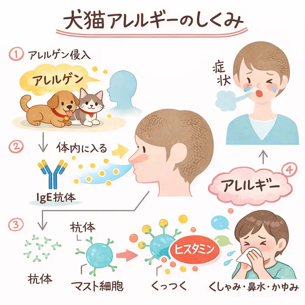 犬猫アレルギーの仕組みについて、アレルゲン侵入からIgE抗体の生成、マスト細胞との結合、ヒスタミン放出による発症プロセスの詳細イラスト