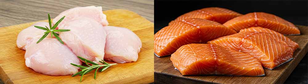 タンパク質のイメージ写真として2枚の画像が並んでいる。左は鶏肉のぶつ切りの画像、右はサーモンの切り身の画像