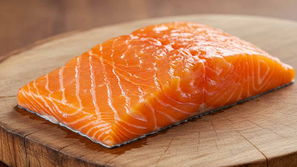 木のまな板の上に置かれた、綺麗なオレンジ色のサーモンの画像