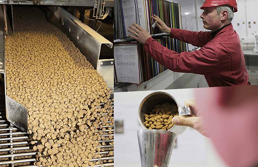 ペットフード工場の製造ラインと、徹底した品質管理のために記録確認や検品を行う作業員の様子