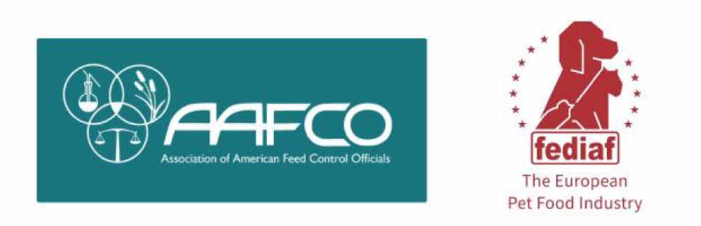 アメリカの飼料検査官協会「AAFCO」のロゴマークと、欧州ペットフード工業連合会「FEDIAF」のロゴマーク