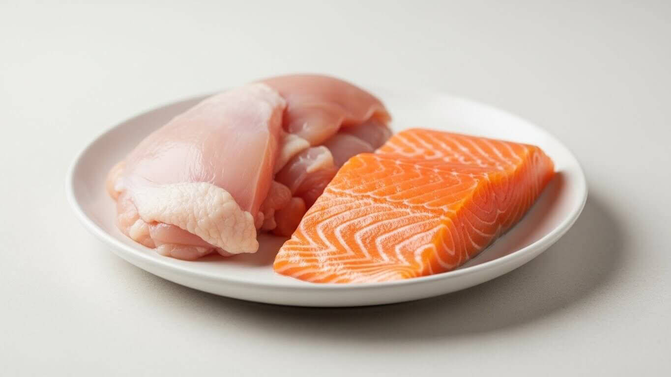 グランツで使用されているお肉とお魚が1枚のお皿に並べて置いてある画像