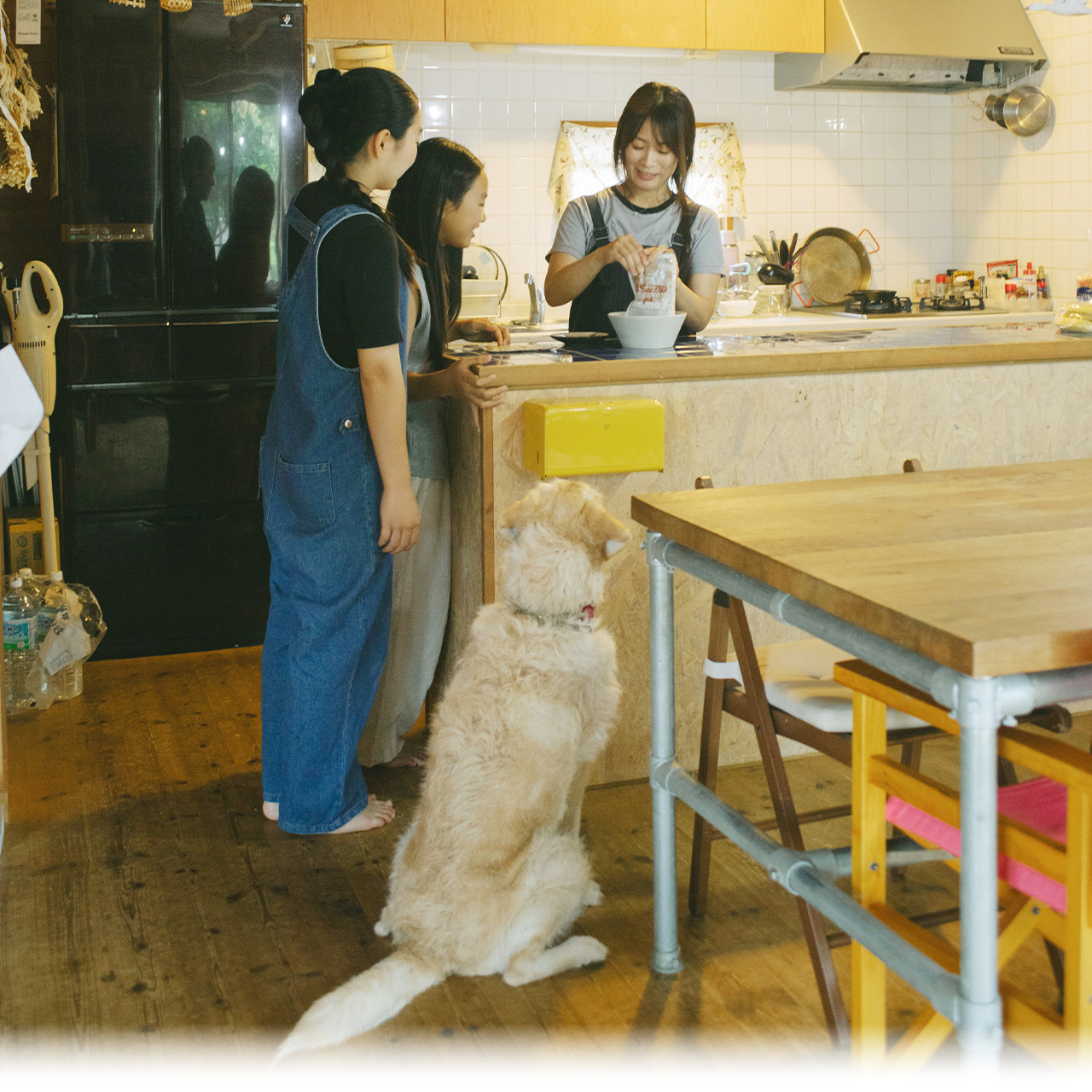 家族がキッチンで愛犬のためにPetonを用意する様子